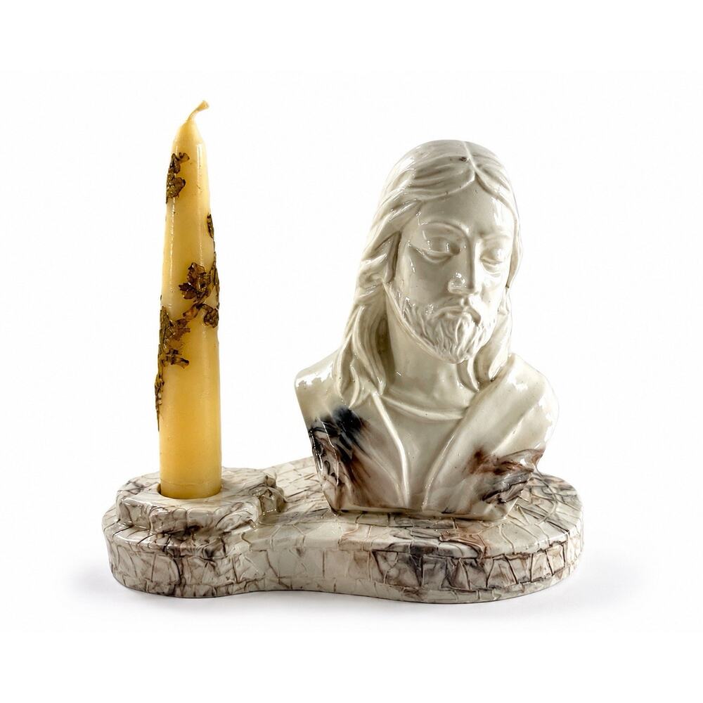 Vintage Jesus Bust Candle Holder Marbled Ceramic Religious Figurine 7” Devotion